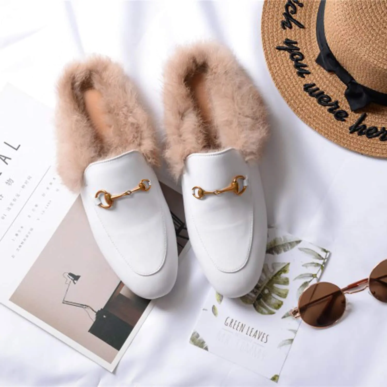 Women Handmade Leather Fur Flat Slippers Mules