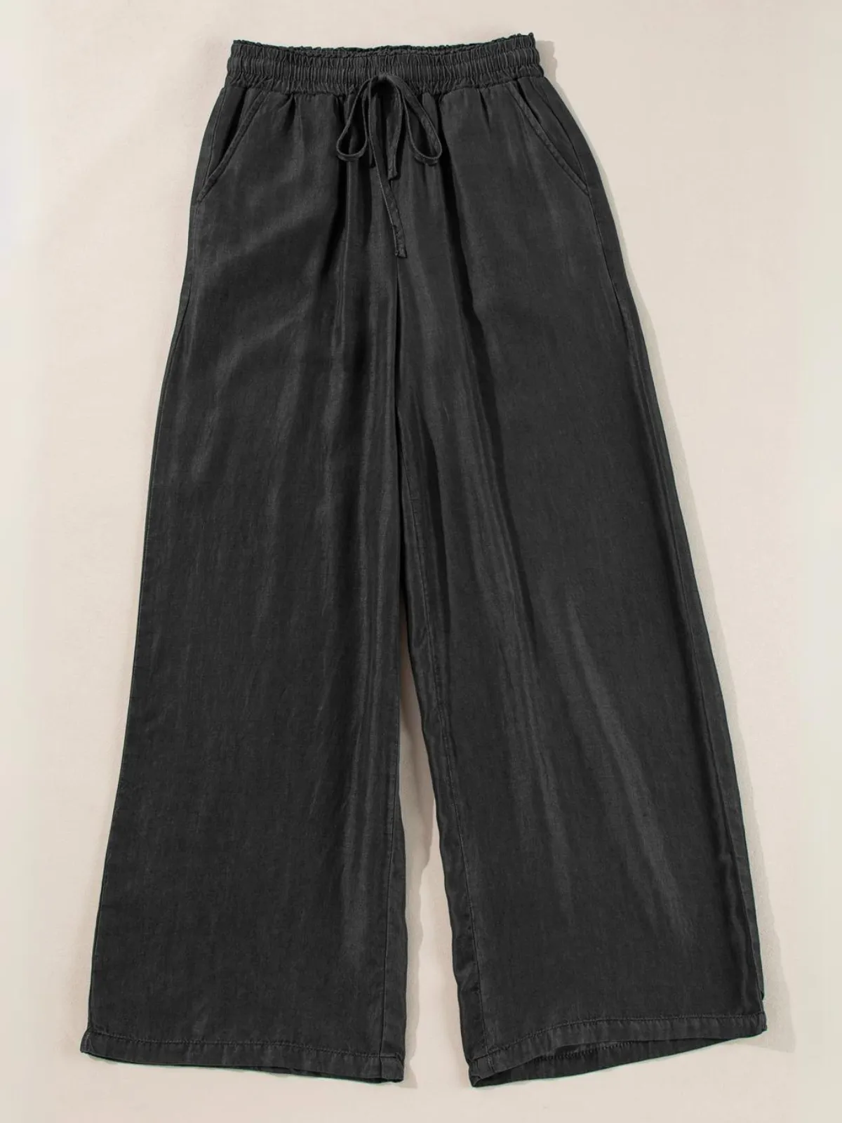 Womens Black Drawstring High Waist Wide Leg Denim Pants