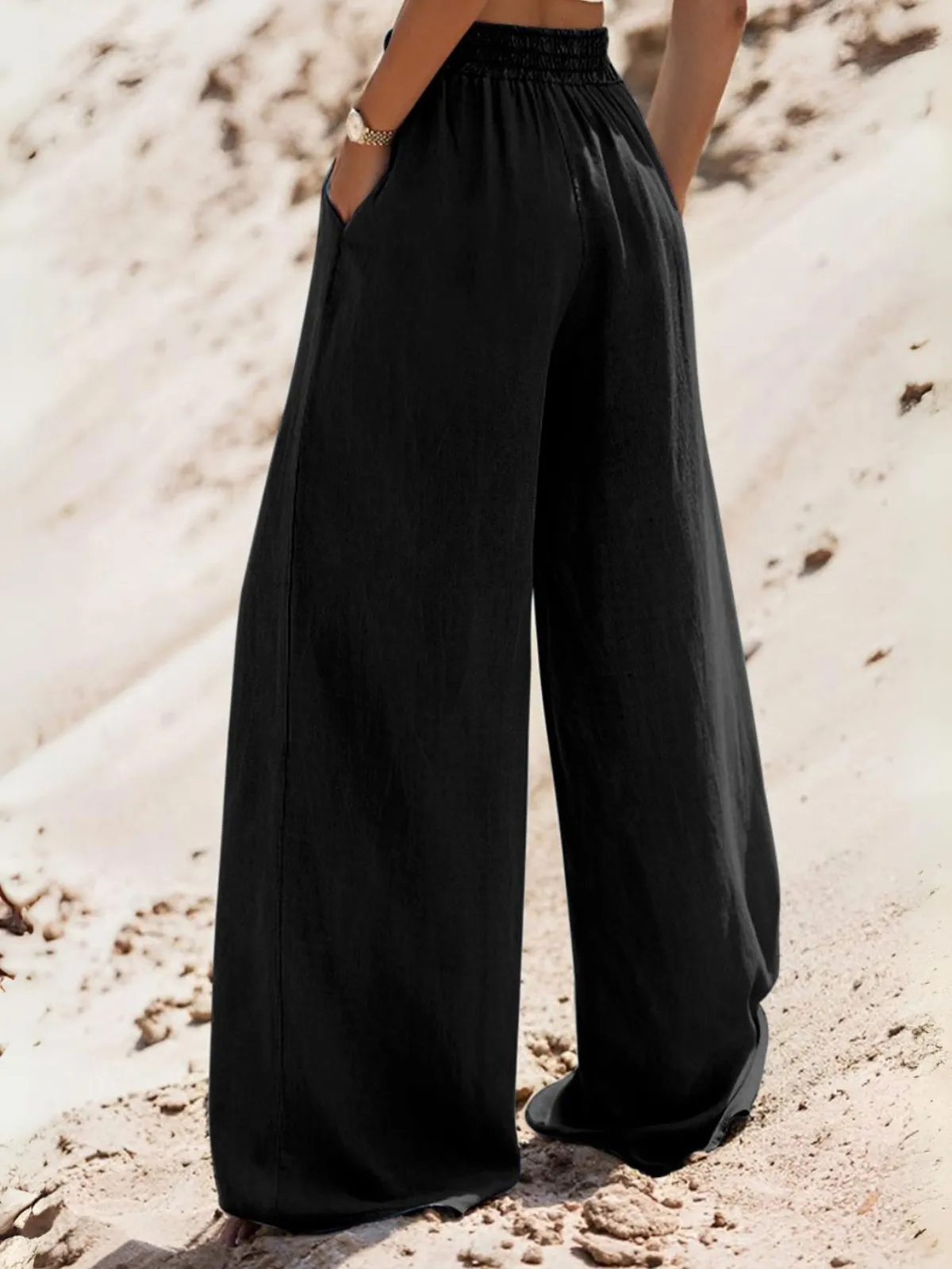 Womens Black Drawstring High Waist Wide Leg Denim Pants