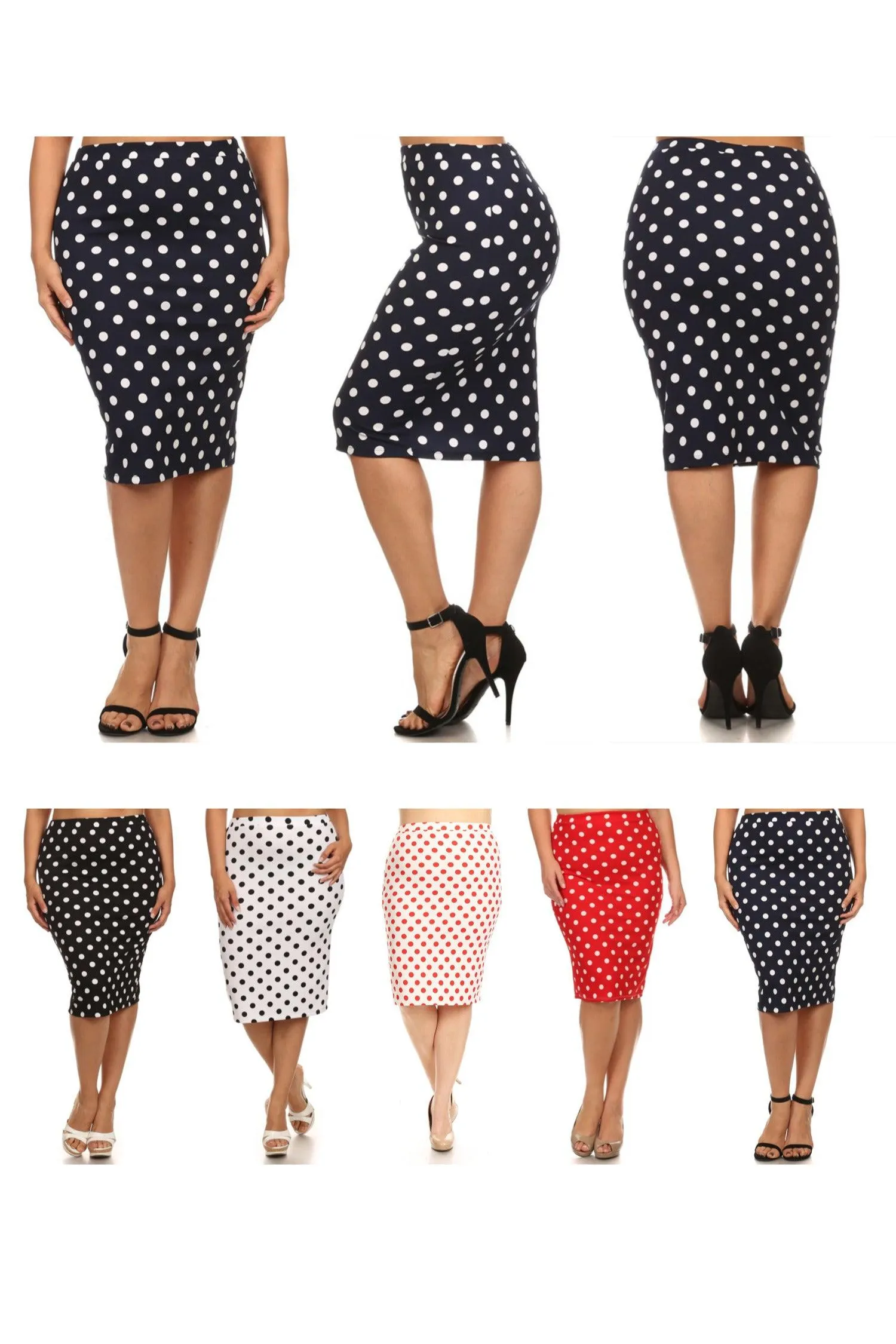 Women's Plus Size Polka Dot Elastic Waistband Stretch Pencil Midi Skirt