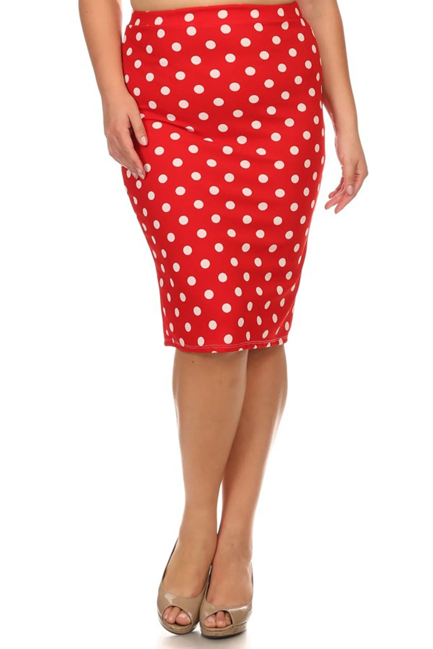 Women's Plus Size Polka Dot Elastic Waistband Stretch Pencil Midi Skirt