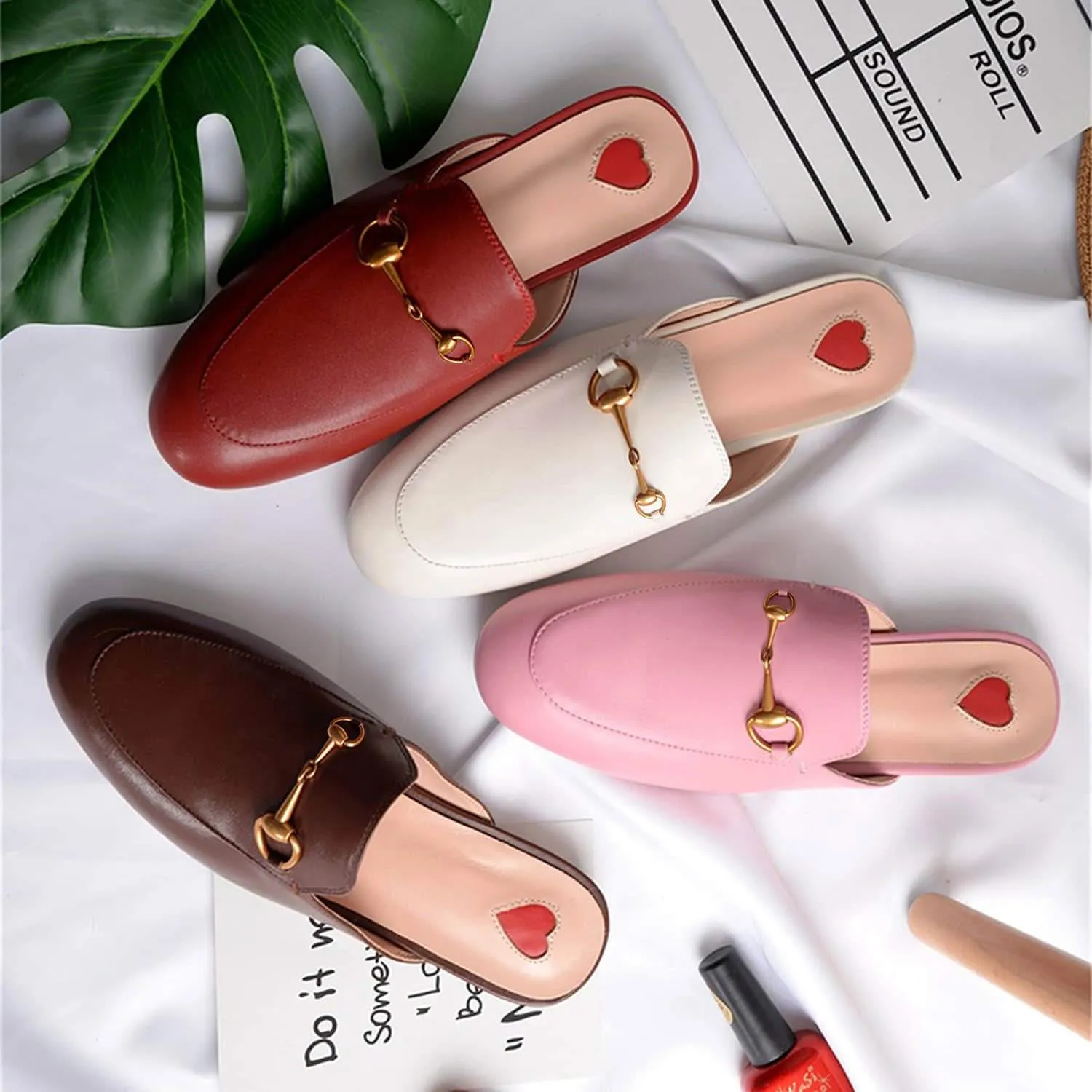 Womens Red Heart Buckle Shoes Mules