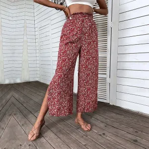 YESMYTOOL  -   Elegant Floral Print Pant for Summer Women's Pants 2024 New Elastic High Waist Red Cotton High Waist Split Wide Leg Pant