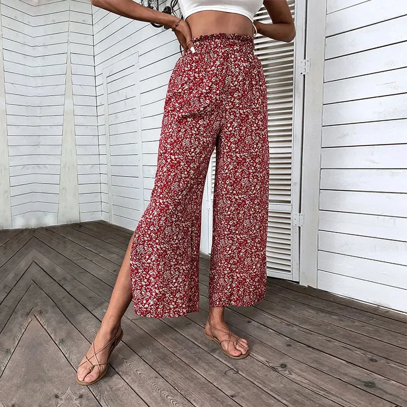 YESMYTOOL  -   Elegant Floral Print Pant for Summer Women's Pants 2024 New Elastic High Waist Red Cotton High Waist Split Wide Leg Pant