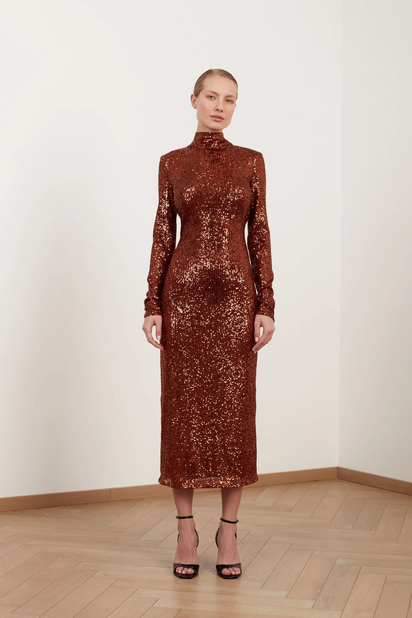 ZAHRA backless long-sleeve brown sequin midi dress