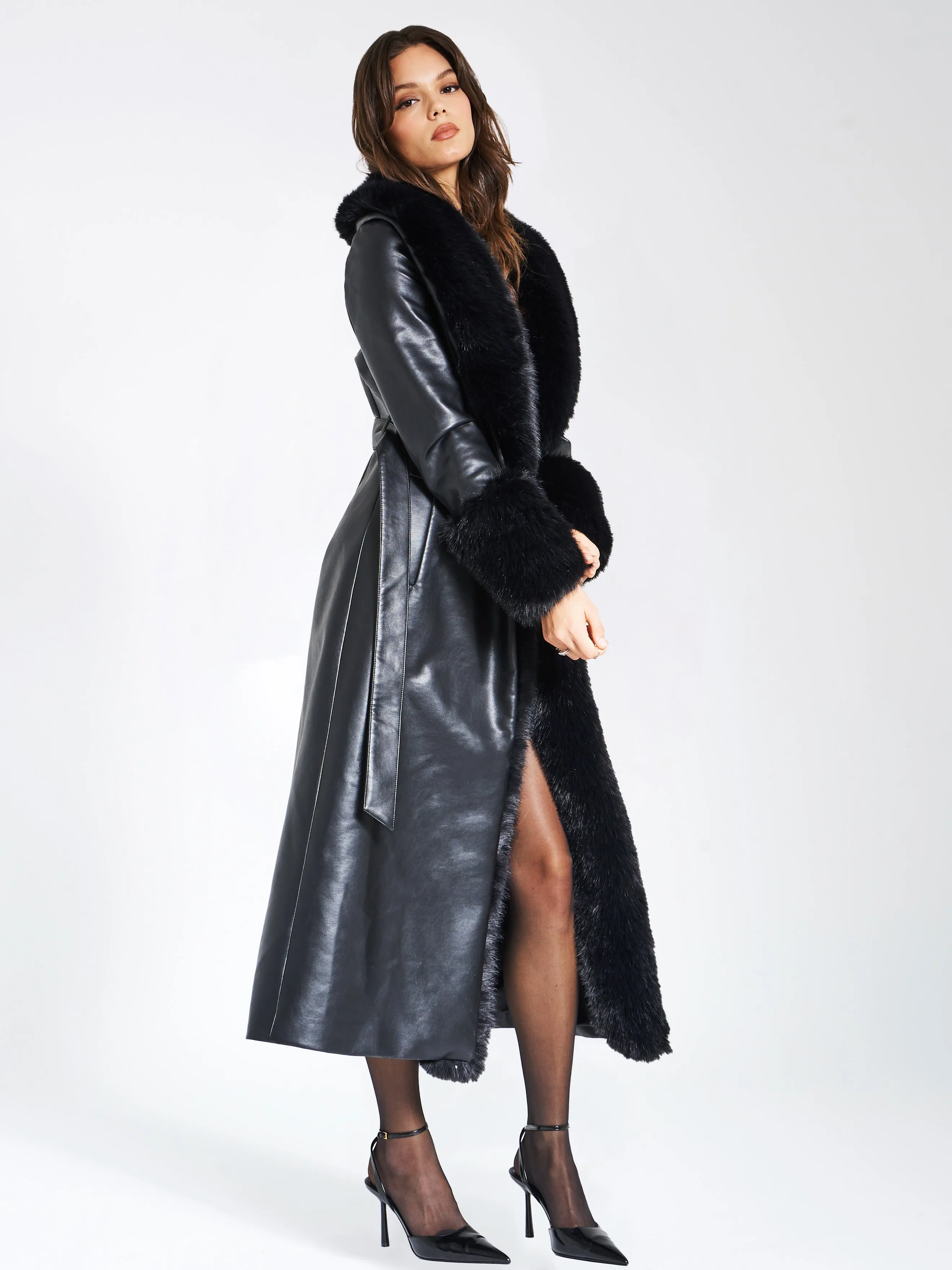 Zaida Black Faux Fur Trim Black Vegan Leather Coat