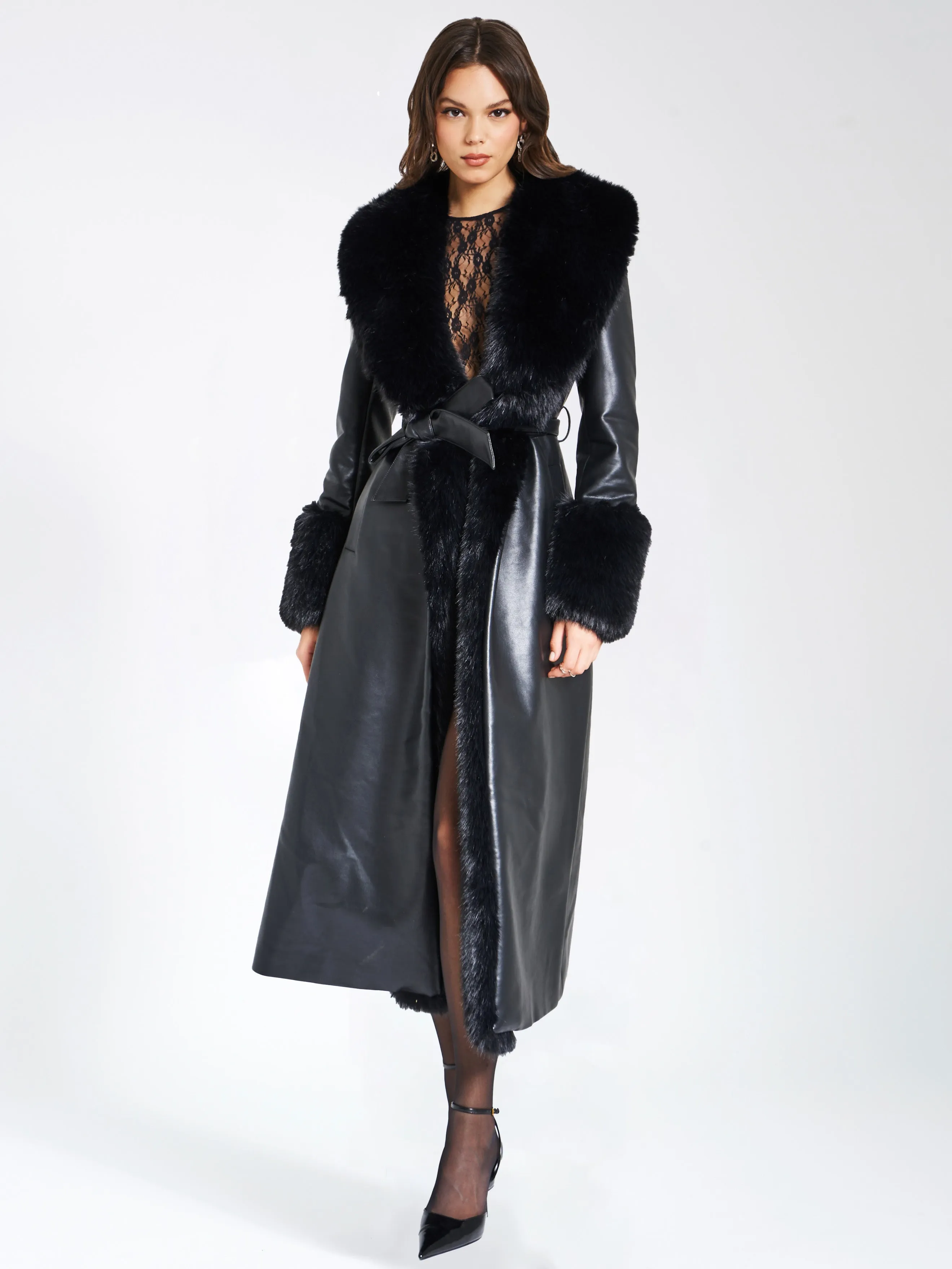 Zaida Black Faux Fur Trim Black Vegan Leather Coat