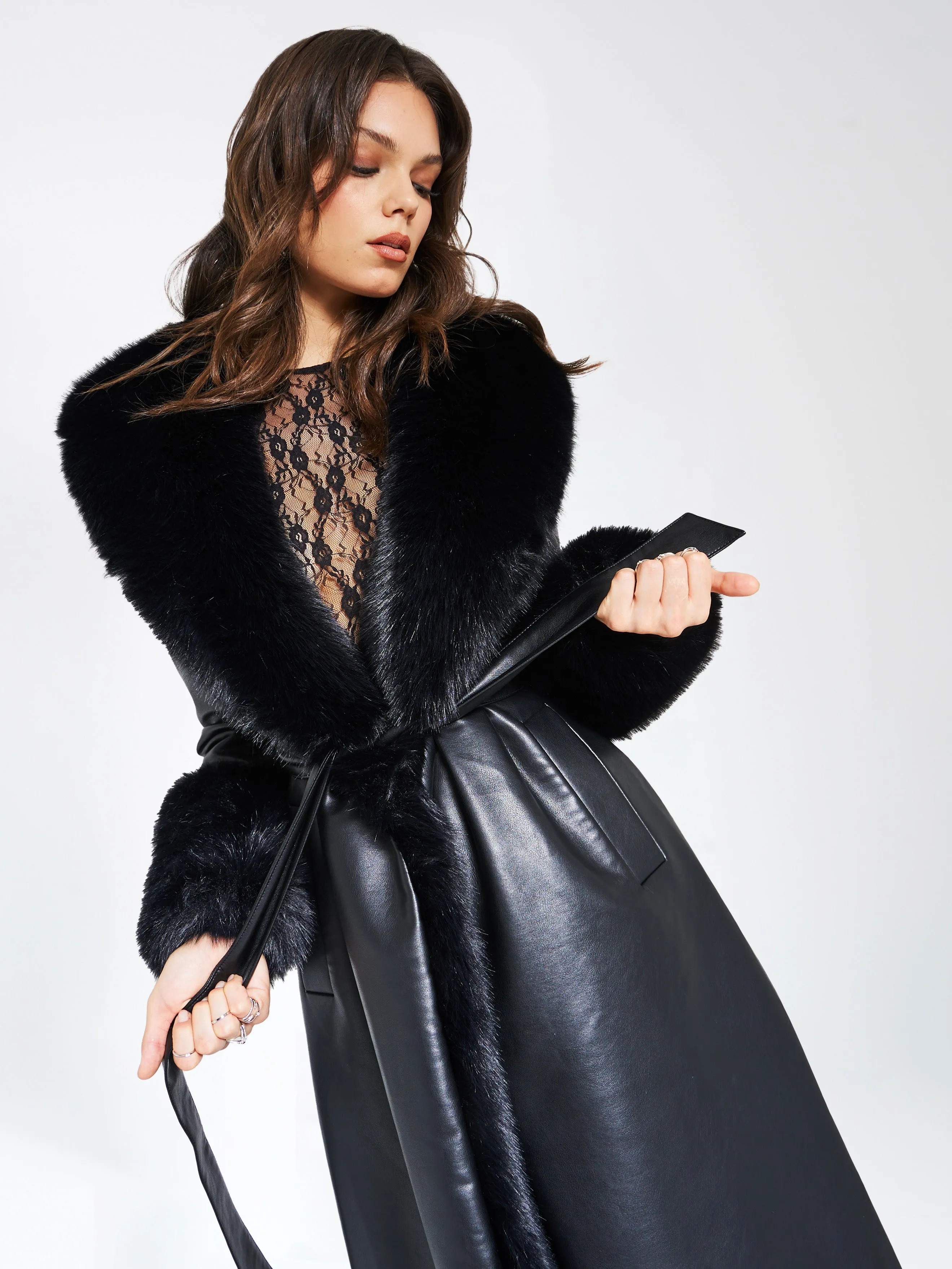 Zaida Black Faux Fur Trim Black Vegan Leather Coat